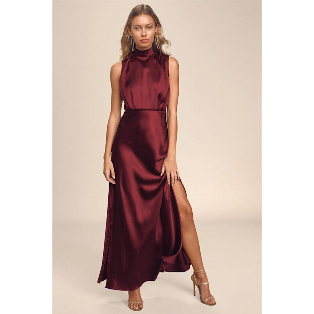Lulus Classic Elegance Wine Satin Maxi Dress Red - Size XS